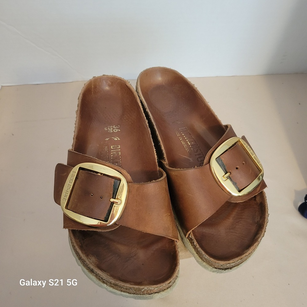 Birkenstock Madrid Big Buckle Cognac Leather Sandals Gold Buckle EU 36 US 5.5-6